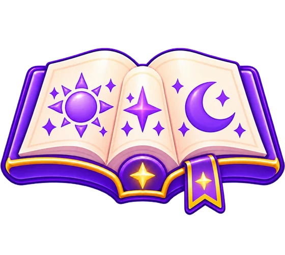 An open violet journal with a sun, a star and a crescent moon on its cream pages.